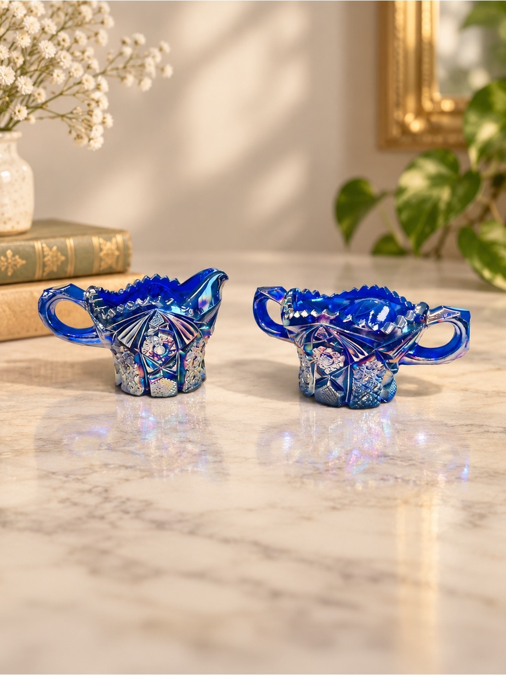 Westmoreland for Levay Cobalt Blue Carnival Glass Creamer & Open Sugar Set